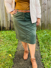Load image into Gallery viewer, The Remi Denim Midi Skirt in Olive Branch (4-20)