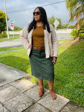 Load image into Gallery viewer, The Remi Denim Midi Skirt in Olive Branch (4-20)