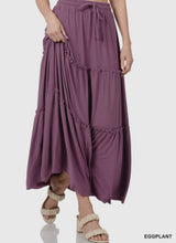 Load image into Gallery viewer, Drawstring Waist Tiered Ruffle Maxi Skirt in Eggplant