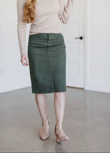 Load image into Gallery viewer, The Remi Denim Midi Skirt in Olive Branch (4-20)