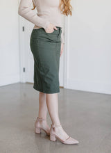 Load image into Gallery viewer, The Remi Denim Midi Skirt in Olive Branch (4-20)
