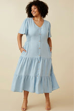 Load image into Gallery viewer, Button Front Side Smocked Denim Tencel Dress