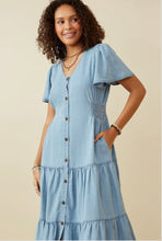 Load image into Gallery viewer, Button Front Side Smocked Denim Tencel Dress