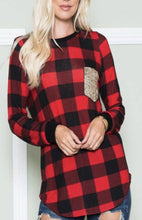 Load image into Gallery viewer, Sequins Chest Pocket Buffalo Print Top (Red)