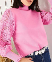Load image into Gallery viewer, Open-Knit Bishop-Sleeve Mock Neck Sweater in Pink