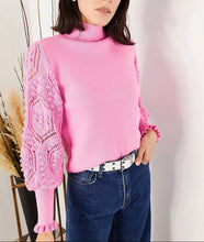 Load image into Gallery viewer, Open-Knit Bishop-Sleeve Mock Neck Sweater in Pink