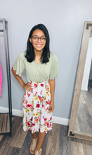 Load image into Gallery viewer, Karol Flower print/Solid Midi Dress in Sage/Off White