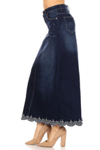 Load image into Gallery viewer, Heavenly Lace Long Denim Skirt in Dk. Indigo