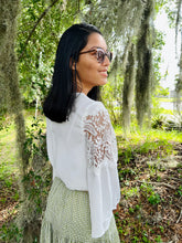 Load image into Gallery viewer, Lace Front Bell Sleeve Blouse in White (S-L)