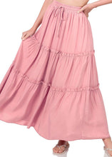 Load image into Gallery viewer, Woven Drawstring Waist Tiered Ruffle Maxi Skirt in Lt Rose