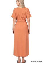 Load image into Gallery viewer, Samanta Belted Short Sleeve Tulip Long Dress in Butter Orange