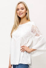 Load image into Gallery viewer, Lace Front Bell Sleeve Blouse in White (S-L)
