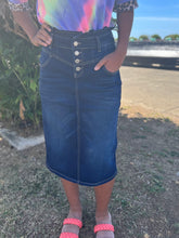 Load image into Gallery viewer, Maddie Ruffle Waist Denim Skirt in Dk Indigo -FINAL SALE