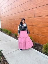 Load image into Gallery viewer, Woven Drawstring Waist Tiered Ruffle Maxi Skirt in Lt Rose