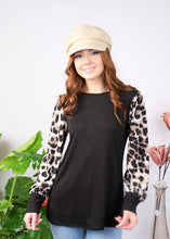 Load image into Gallery viewer, Black Top with Leopard Chiffon Long Sleeves