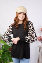 Load image into Gallery viewer, Black Top with Leopard Chiffon Long Sleeves