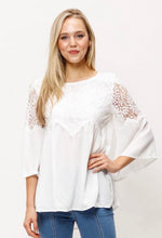 Load image into Gallery viewer, Lace Front Bell Sleeve Blouse in White (S-L)
