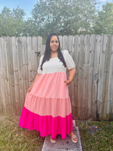 Load image into Gallery viewer, Plus Square Neck Color Block Maxi Dress in Rose Mix