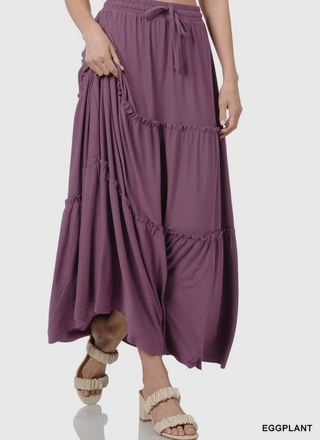 Drawstring Waist Tiered Ruffle Maxi Skirt in Eggplant