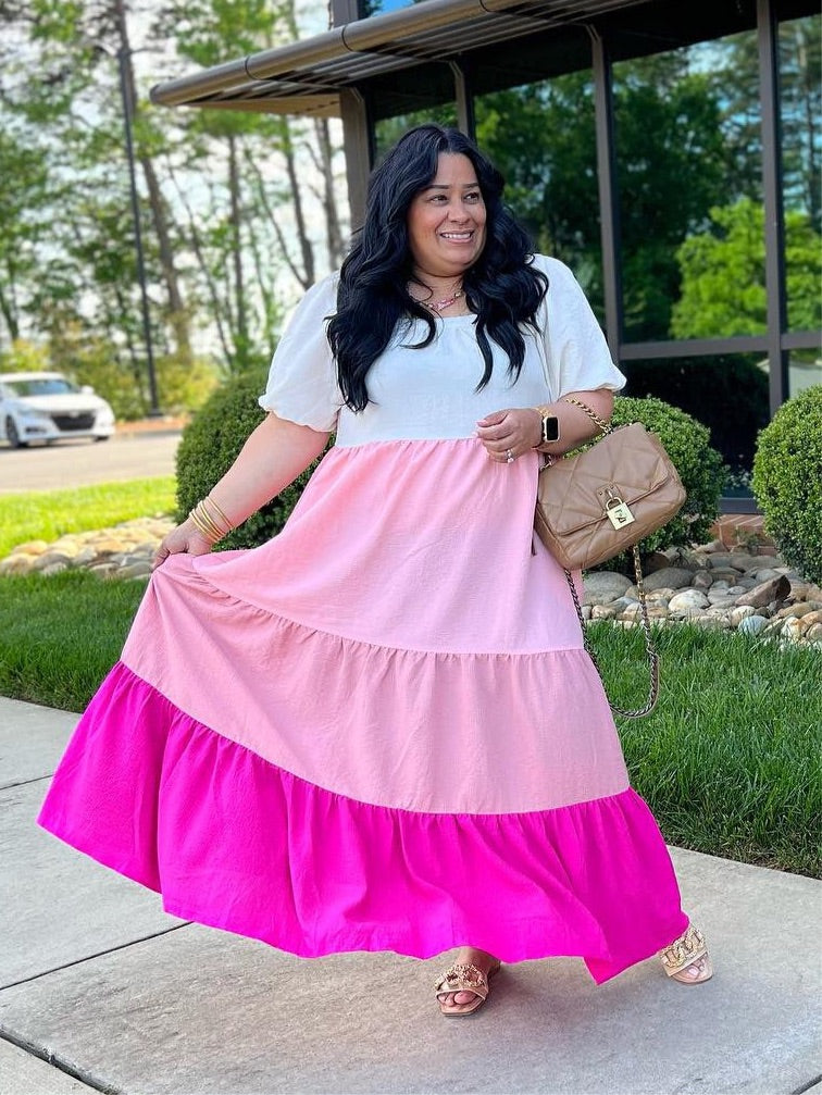 Plus Square Neck Color Block Maxi Dress in Rose Mix Dress4Heavens