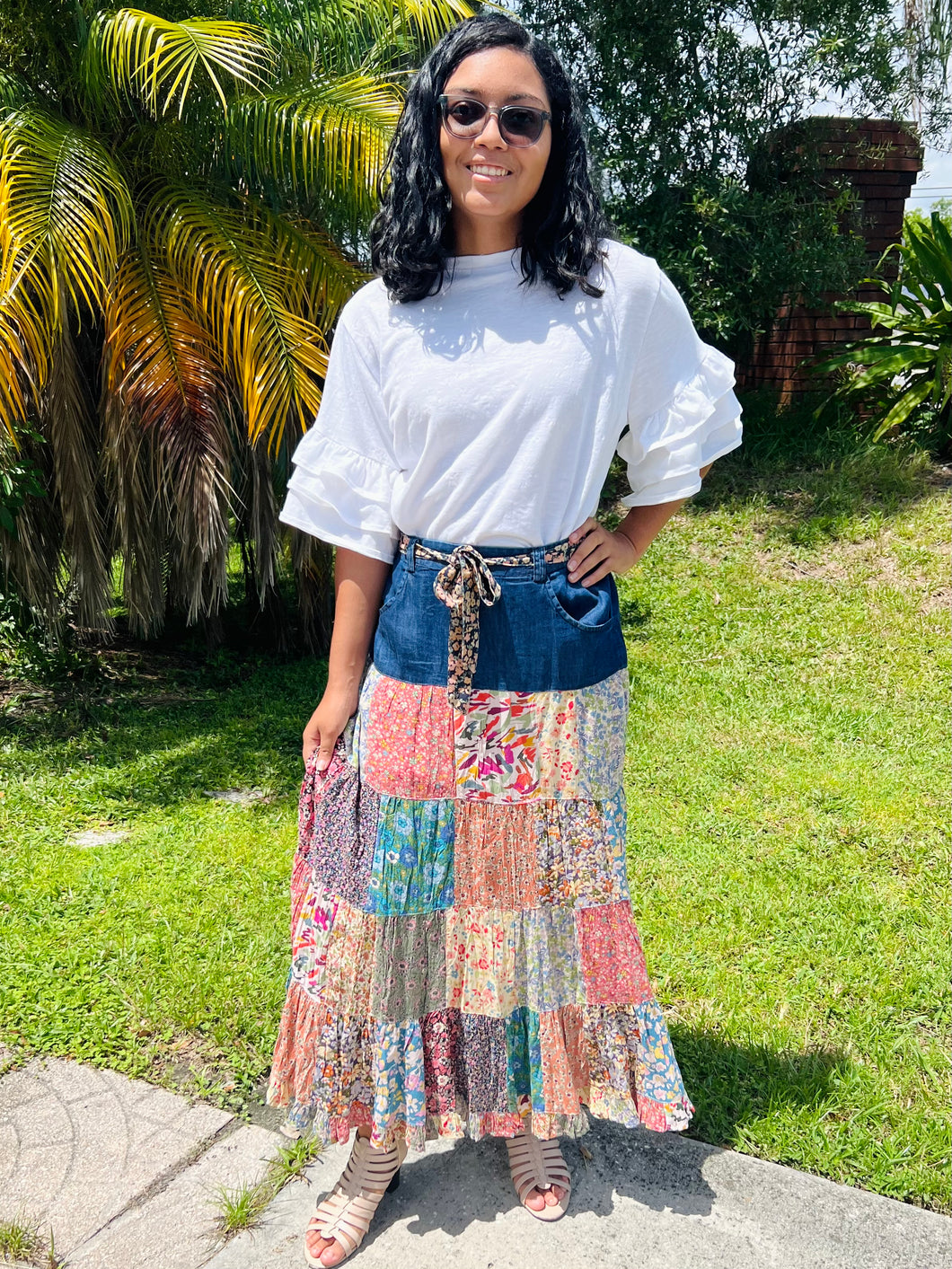 Patchwork Overdyed Maxi Skirt with Tiered Denim