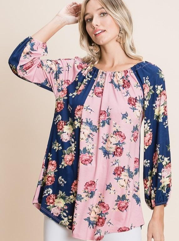 Floral Print Top in Blush/Navy (FINAL SALE)