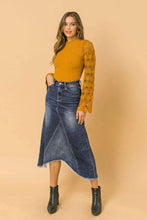 Load image into Gallery viewer, Leah Cutoff Fringed Denim Midi Skirt
