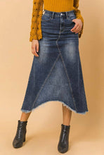 Load image into Gallery viewer, Leah Cutoff Fringed Denim Midi Skirt
