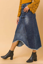 Load image into Gallery viewer, Leah Cutoff Fringed Denim Midi Skirt
