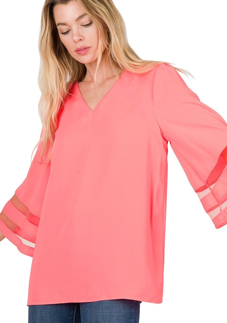 Woven Wool Mesh Panel Top in Coral Pink