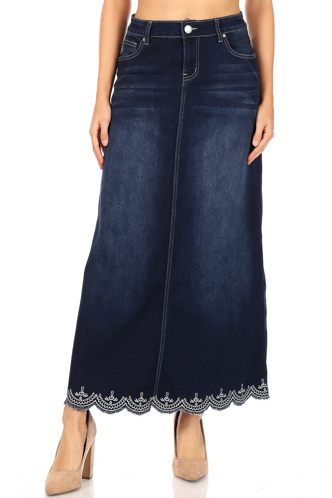 Heavenly Lace Long Denim Skirt in Dk. Indigo - FINAL SALE