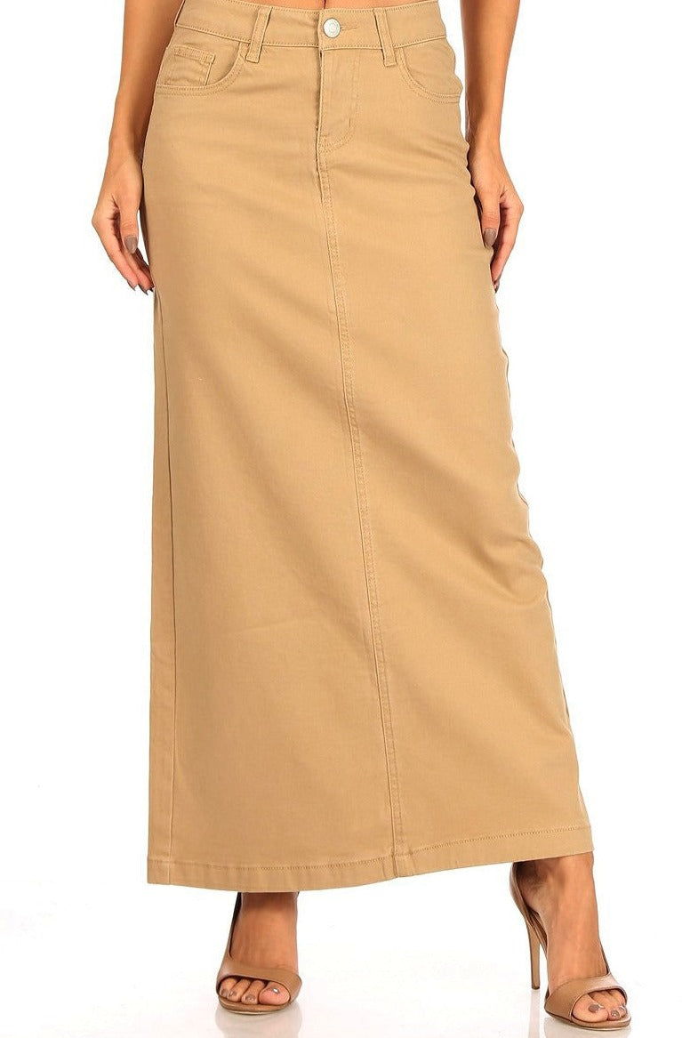 Anna Long Twill Skirt in Khaki