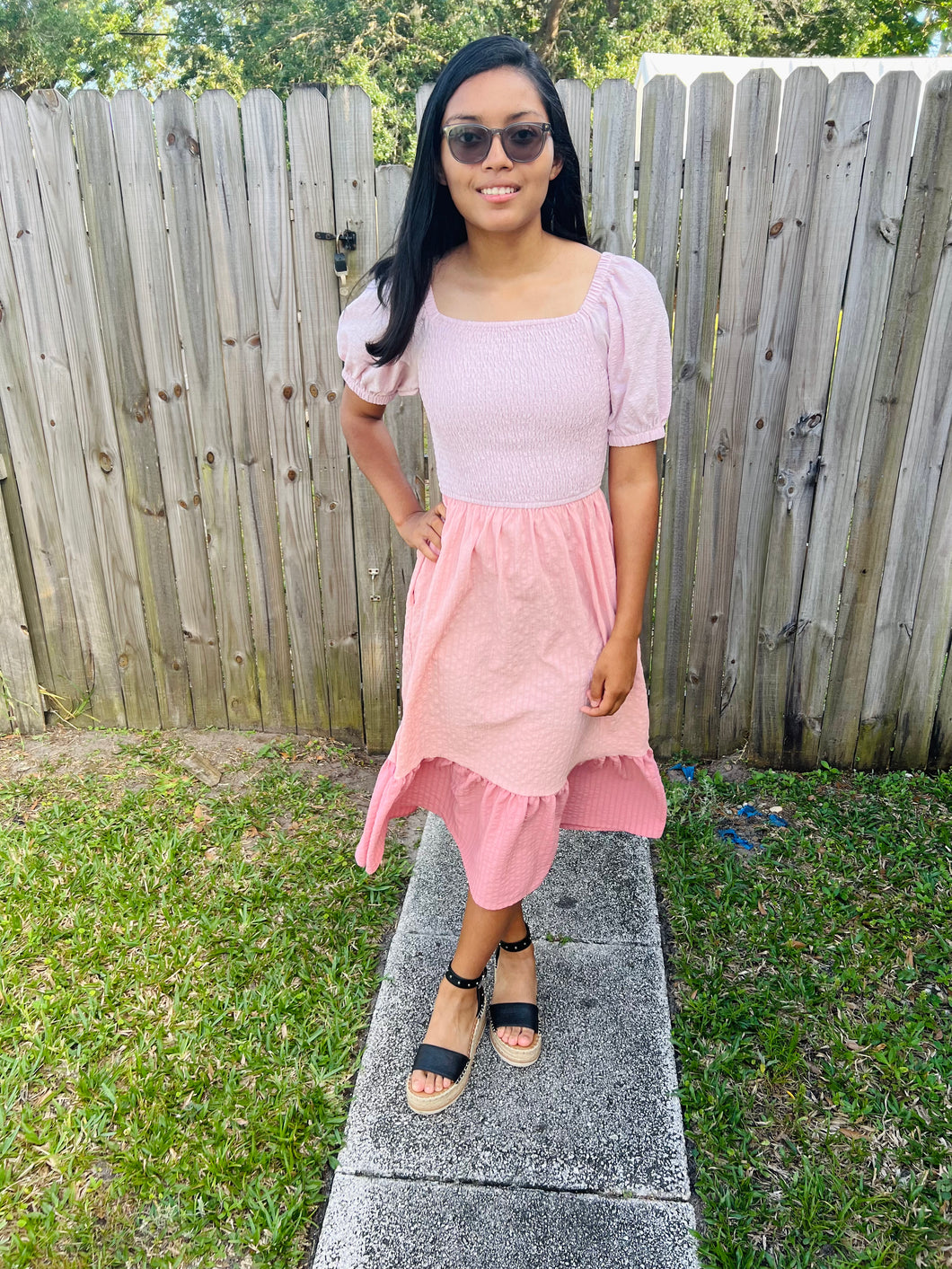 Square Neck Color Block Tiered Dress in Pink