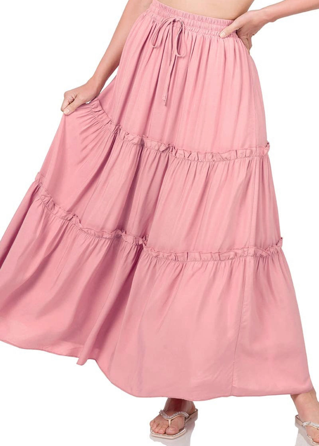 Woven Drawstring Waist Tiered Ruffle Maxi Skirt in Lt Rose