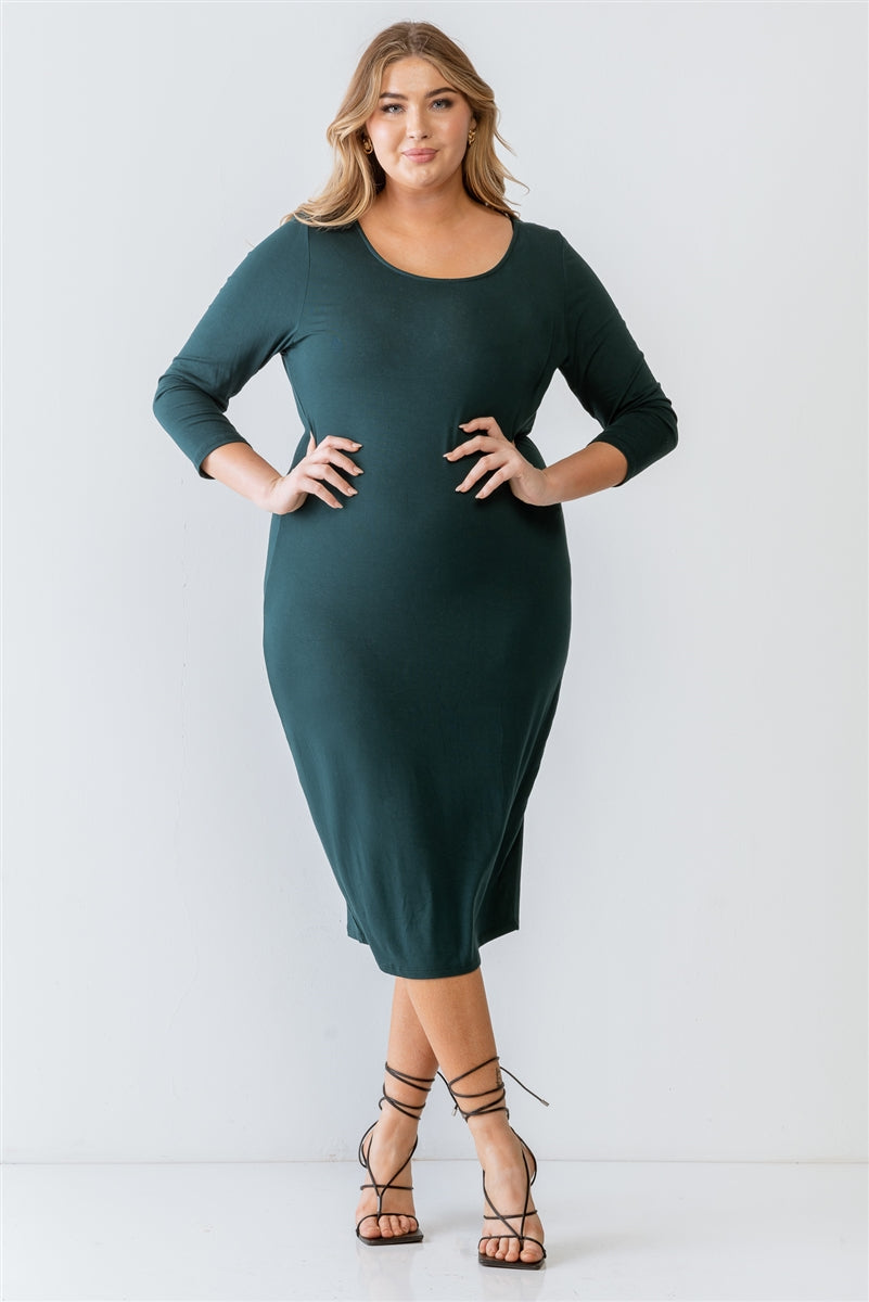 Basic Long Sleeve Midi Dress in Green (Plus)