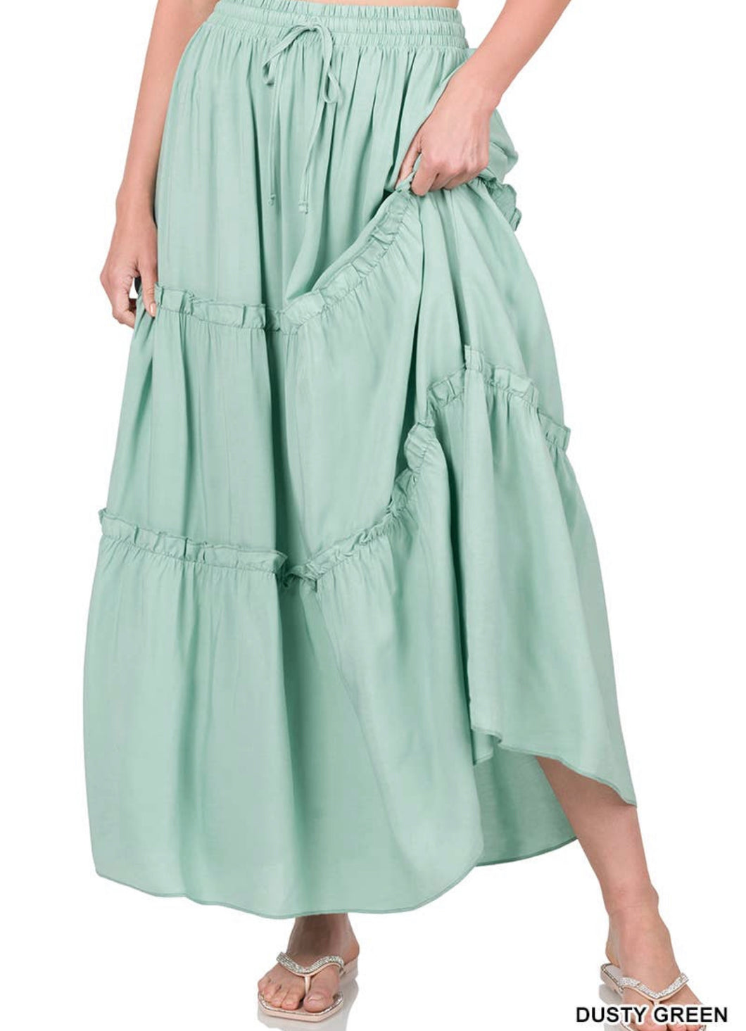 Woven Drawstring Waist Tiered Ruffle Maxi Skirt in Dusty Green