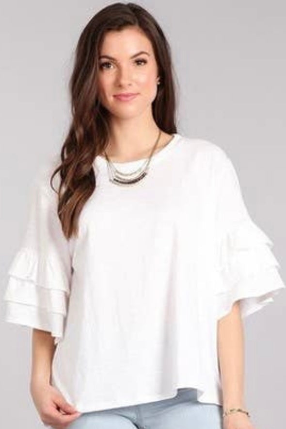 Solid Knit Ruffle Sleeve Top in White