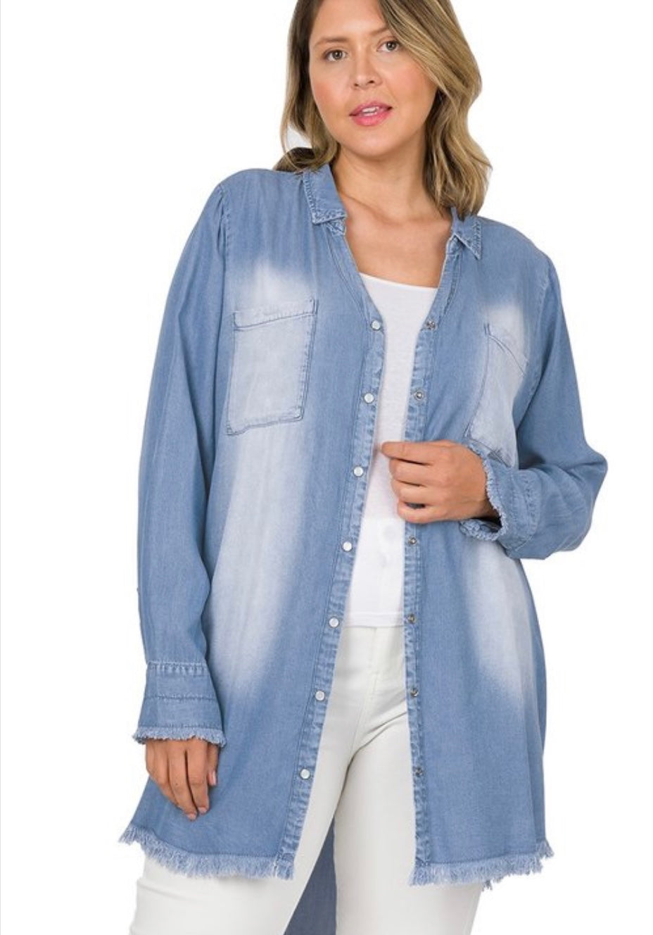 Chambray Frayed Hem Longline Shirt