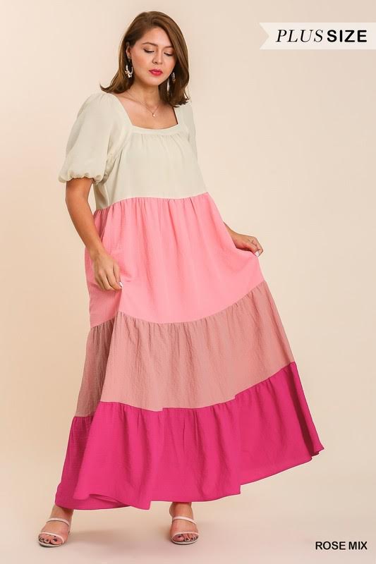 Plus Square Neck Color Block Maxi Dress in Rose Mix  Dress4Heavens