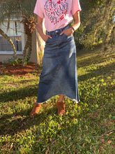 Load image into Gallery viewer, Leah Cutoff Fringed Denim Midi Skirt
