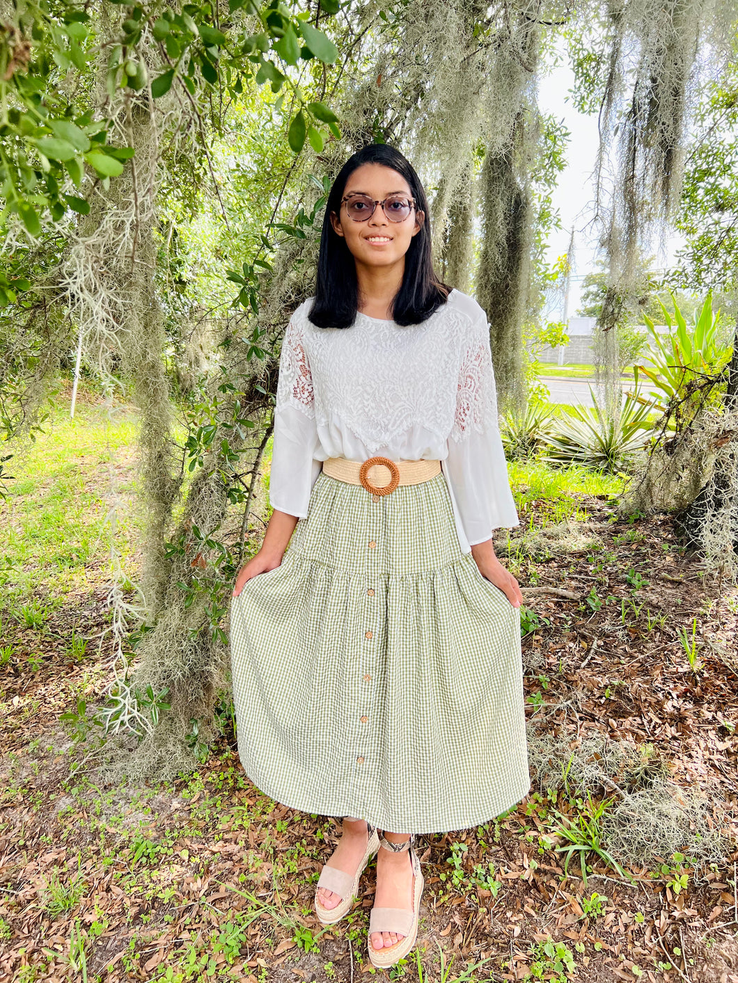 Gingham Elastic Waist Button Down Skirt in Sage