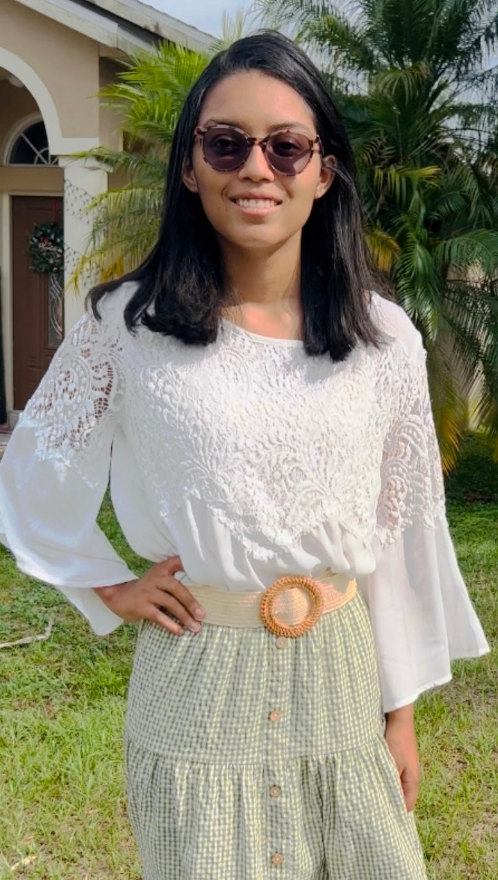 Lace Front Bell Sleeve Blouse in White (S-L)