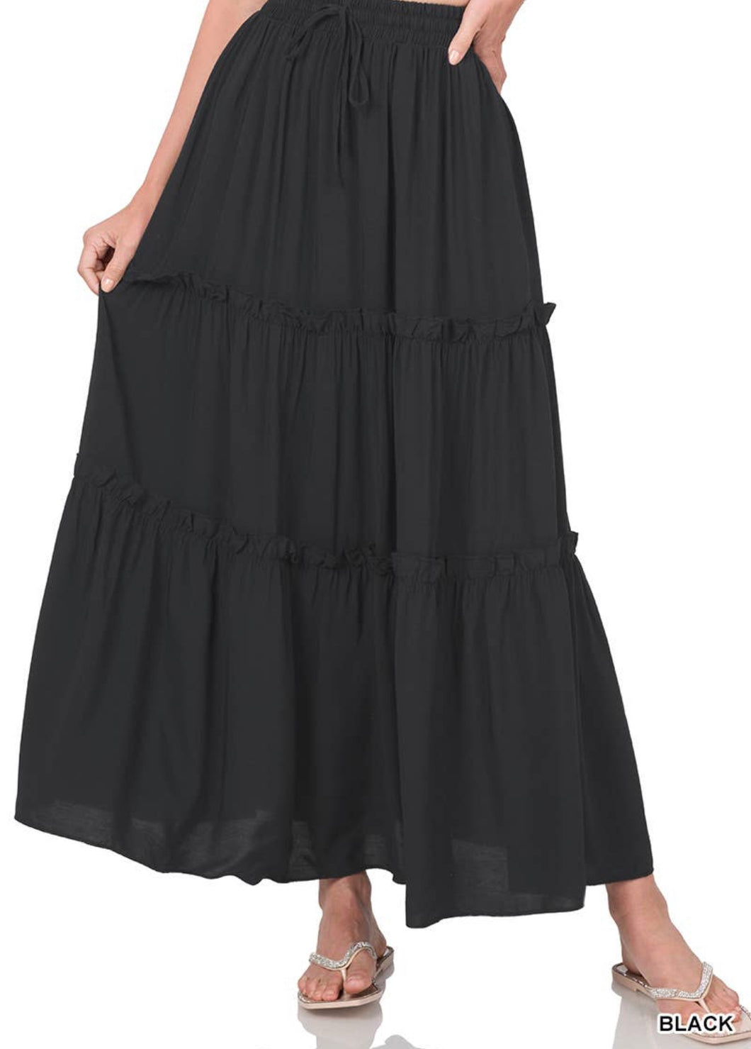 Woven Drawstring Waist Tiered Ruffle Maxi Skirt in Black