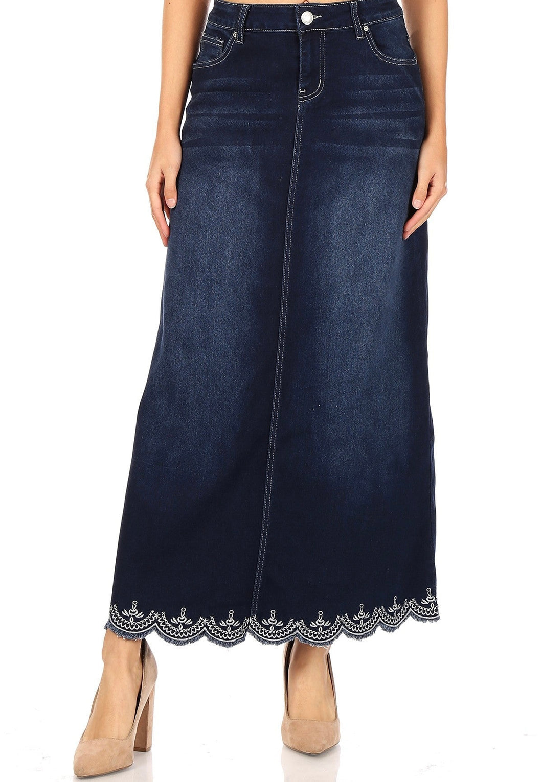 Heavenly Lace Long Denim Skirt in Dk. Indigo